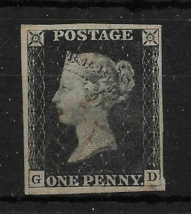 G.B. SG2 1840 1d BLACK PLATE 2 RED MALTESE CROSS CANCEL USED