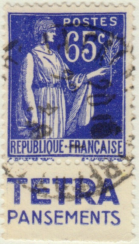 FRANCE - 1937 Pub TETRA PANSEMENTS sur Yv.365b 65c Paix obl.