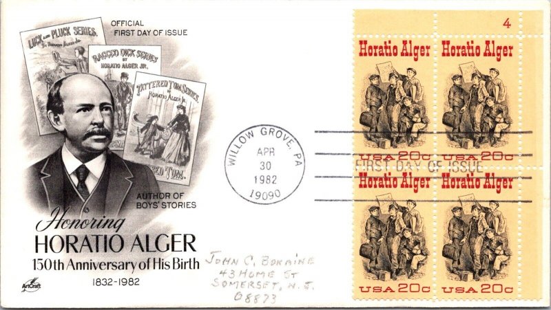 FDC 1982 SC #2010 Artcraft Cachet - Willow Grove, PA - Plate Block Of 4 - J5382
