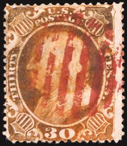 #38 30c Orange 1860 VF Used with Magenta Grid Cancel Rare