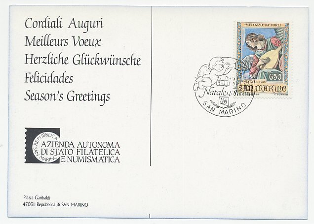 Postcard / Postmark San Marino 1988 Christmas - Angel - Lute 