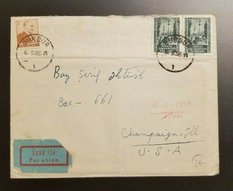 1956 Burdur Turkey to Champaign Illinois Airmail Cover