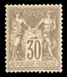 France, 1850-1900 #73 Cat$425, 1876 30c brown, hinged