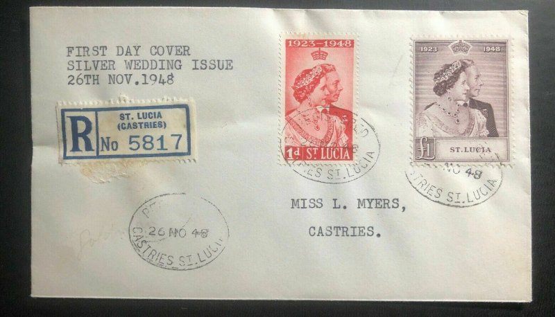 1948 St Lucia Cover FDC Royal Silver Weeding King George VI & Queen Elizabeth