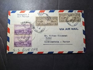 1935 USA Airmail Catapult Flight Cover SS Europa to Vaduz Lichtenstein