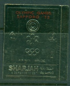 Sharjah 1972 Mi#1044B Winter Olympics Sapporo Red Opt Gold Foil embossed IMPE...