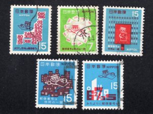 Japan 1968-71 Group of 5 Postal Code System, Scott 958, 997-998, 1033, 1065 used