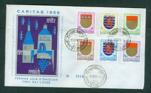 Luxembourg. 1959 FDC. Cachet Caritas. # 3816. Coats of Arms. Sc# B210 - B215