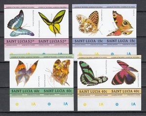 St. Lucia, Scott cat. 731-734 a-b. Butterflies, IMPERF issue.