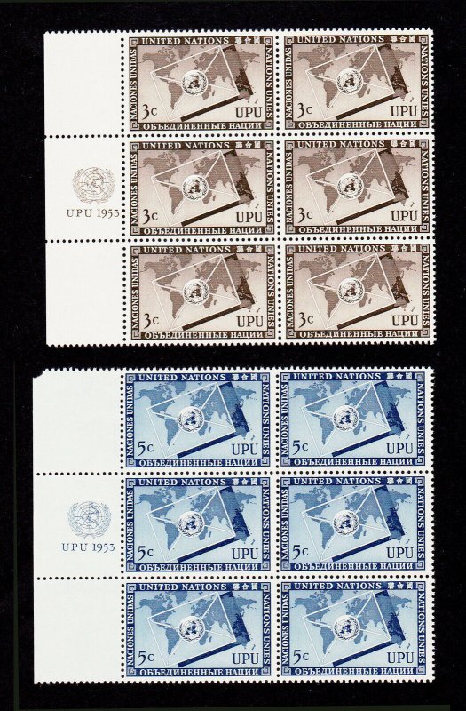 U.N. 1953 UPU #N17-N18 INSCRIPTION BLOCKS OF 6 SET 3¢ AND 5¢ (MNH-OG) 