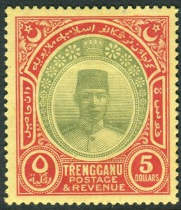 TRENGGANU-1921-41 $5 Green & Red/Pale Yellow.  A mounted mint example Sg 25