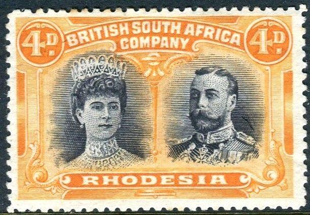 RHODESIA-1910-13 4d Greenish Black & Orange Perf 14 mounted mint example Sg 138