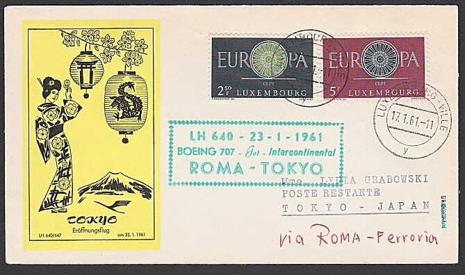 LUXEMBOURG 1961 Lufthansa first flight cover to Tokyo Japan via Rome........F968