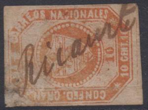 COLOMBIA 1859 Sc 4e RED ORANGE USED BY FULL RICAURTE PEN CANCEL SCV$90.00++ 