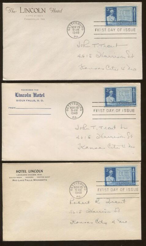 Lot of 9 The Lincoln Hotel 1948 Gettysburg First Day of Issue Covers