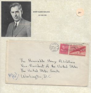 1944 New York, NY to Henry Wallace, Washington DC FDR Vice President (54455)
