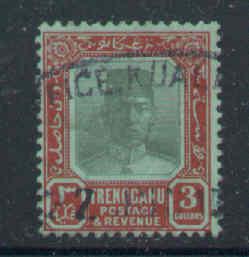 Malaya Trengganu-Sc#37-used-$3 red & green,emerald-1925-