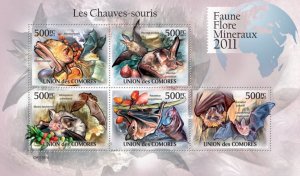 COMOROS - 2011 - Bats - Perf 5v Sheet - Mint Never Hinged