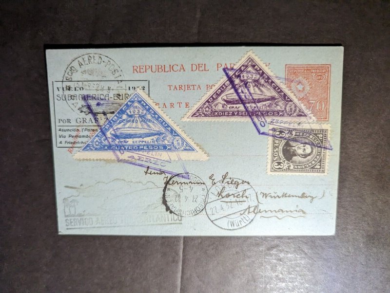 1932 Paraguay Airmail LZ 127 Graf Zeppelin Cover Asuncion to Lorch Germany