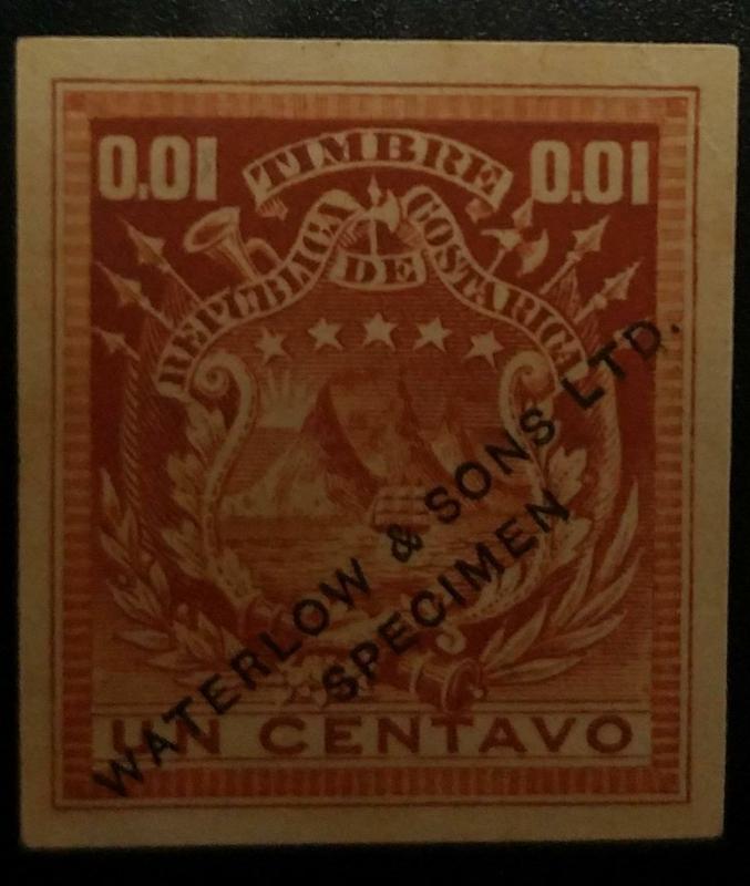 O) 1862 COSTA RICA, SPECIMEN IMPERFORATE-ESSAY PROOF, COAT 1 CENTAVO - 0.001 WAT