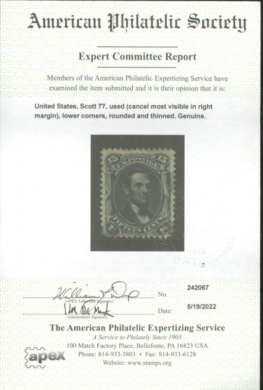 U.S. #77 USED WITH APS CERT