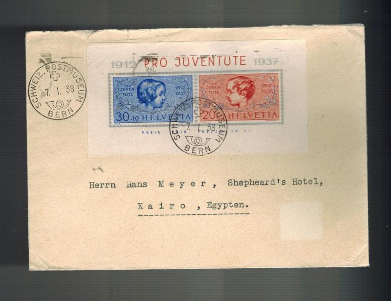 1938 Bern Switzerland cover to Cairo Egypt # B89 Pro Juventute Souvenir Sheet