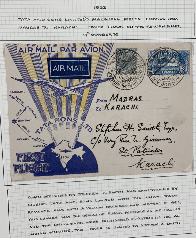 1932 Madras India First Flight Airmail Cover to Karach TATA Sons Smith Signed