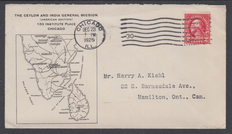 US Sc 554 on 1925 Cover, Ceylon & India Gen. Mission in Chicago to Canada