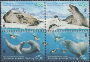 Australian Antarctic Territory #L118, Complete Set, Block of 4, 2001, Animals...