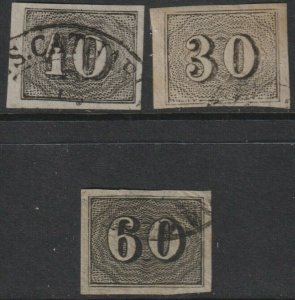 Sc# 21, 23, 24 Brazil 1850 numeral 10r, 30r, 60r used issues CV $41.50