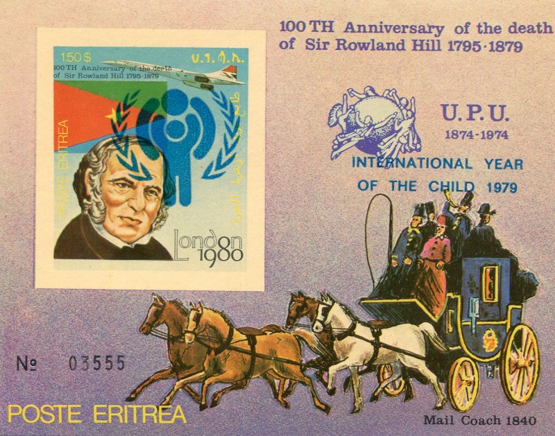 Eritrea 1980 Sir Rowland Hill IYC blue Ovpt. s/s Numbered Imperforated Mint (NH)