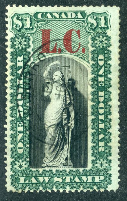 van Dam QL10 - $1 green & black - Used Thick Paper - - 1864 Lower Canada - overp