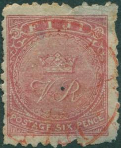 Fiji 1896 SG59 6d rose Crown and VR p11x11¾ thins on back FU