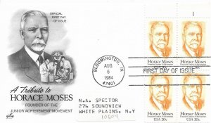 1984 FDC, #2095, 20c Horace Moses, Art Craft, plate block of 4