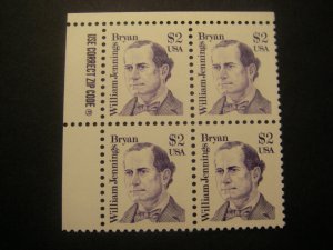 Scott 2195, $2 William Jennings Bryan, Zip block of 4, UL, MNH Great Americans