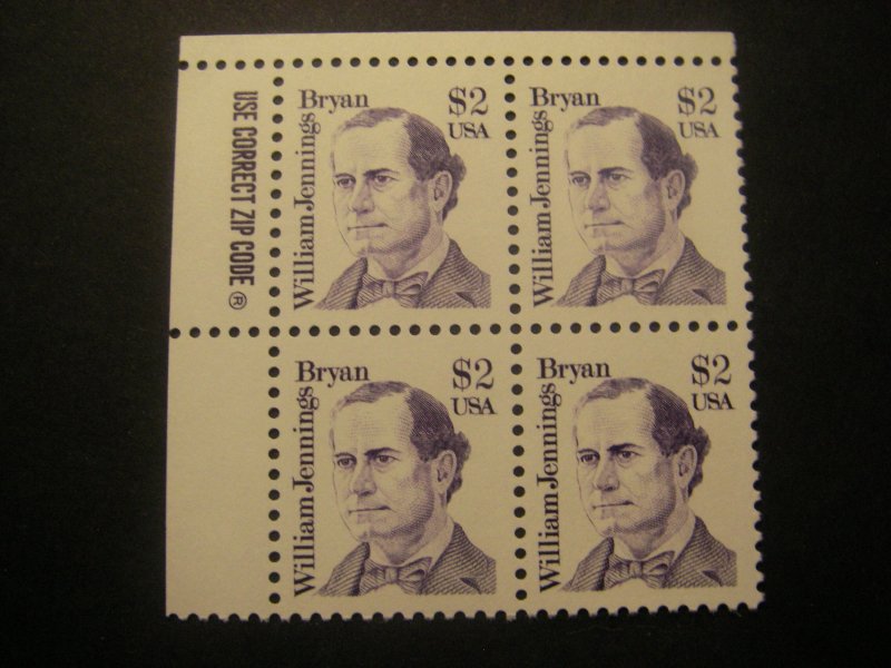 Scott 2195, $2 William Jennings Bryan, Zip block of 4, UL, MNH Great Americans