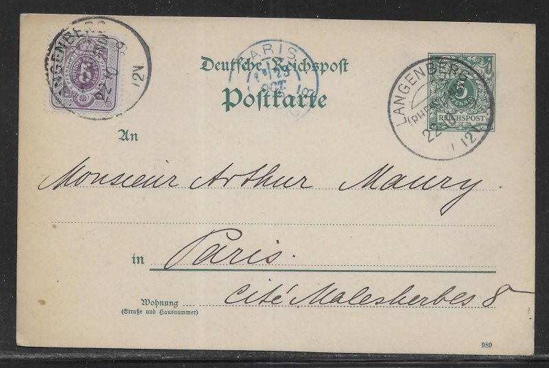 Germany Postal Stationery Postcard H&G 20 Used 1989 to Paris Additional Postage