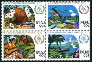 Palau 109-112a block, MNH. IPY-1986. Crab, Fish, Birds, Ship.