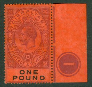 SG 85 Gibraltar 1912-24. £1 dull purple & black/red, marginal example with...