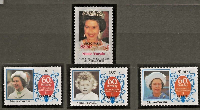 NIUTAO-TUVALU 1986 60TH BIRTHDAY QUEEN ELIZABETH II, SPECIMEN OVER PRINT SET 