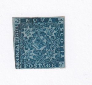 NOVA SCOTIA # 3 VF-3cts BLUE ON BLUE PAPER IMPERF VERY LIGHTLY USED