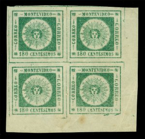 URUGUAY 1859  SUN   180c green  Scott # 11 mint MH XF  Block 4 from sheet corner