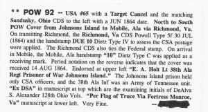 CSA POW Cover US Scott #65 Target Cancel Sandusky, OH CDS June 1864 Richmond, VA