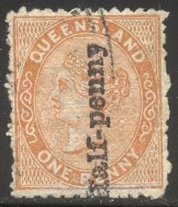 QUEENSLAND #65 SCARCE Used - 1880 1/2p on 1p Brown Orange