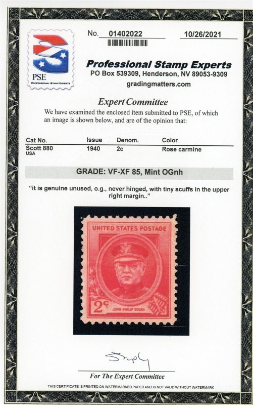 US Stamp #880 John Phillip Sousa 2c - PSE Cert - VF-XF 85 - MNH