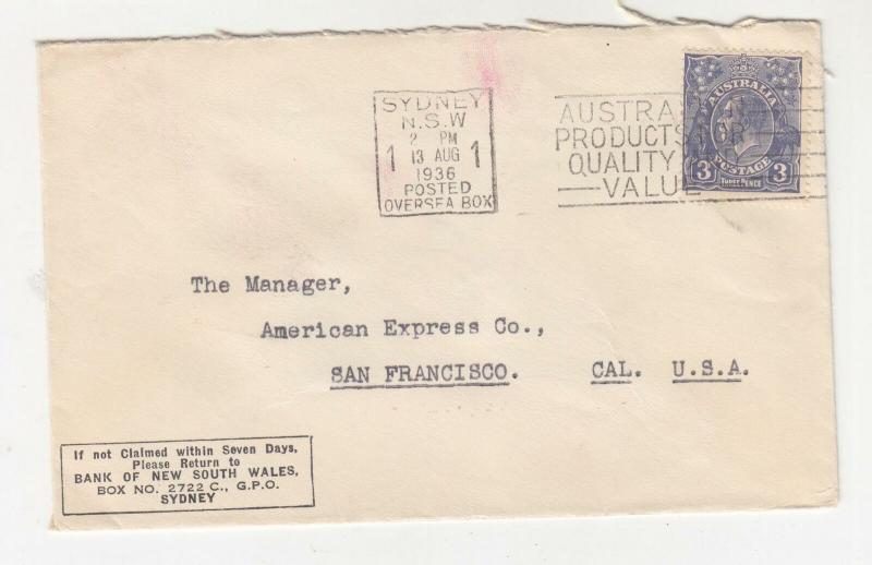 AUSTRALIA,1936 Bank NSW cover, KGV 3d. Blue,SYDNEY OVERSEAS BOX machine to USA