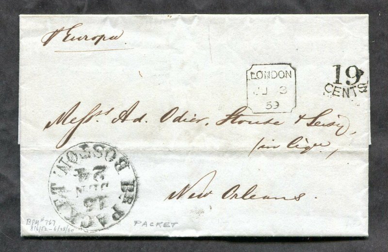 p520 - GB 1859 Folded Cover / Folded Letter SFL to USA. Boston Packet. Europa