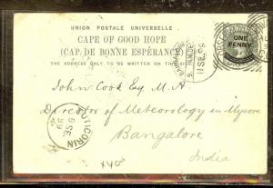 CAPE OF GOOD HOPE (P2605B) 1899 QV SURCH PSC TO INDIA WITH MSG