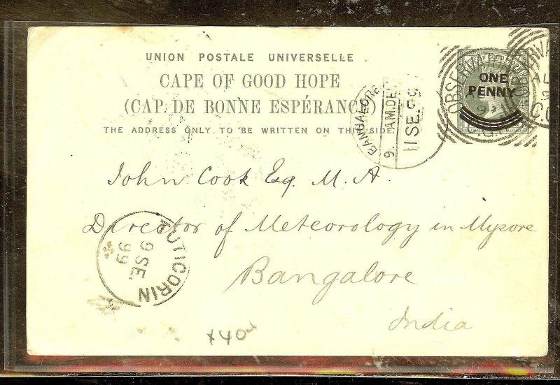 CAPE OF GOOD HOPE (P2605B) 1899 QV SURCH PSC TO INDIA WITH MSG