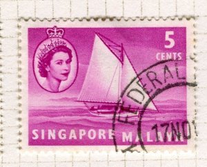 SINGAPORE; 1950s early pictorial QEII issue fine used 5c. value